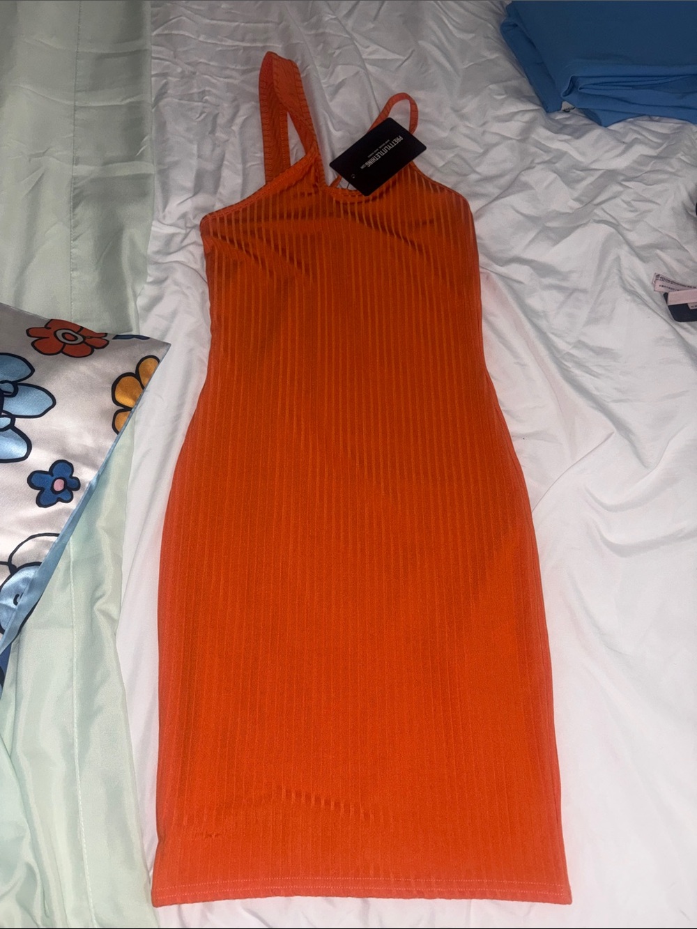 PrettyLittleThing One-Shoulder Ribbed Dress - Orange